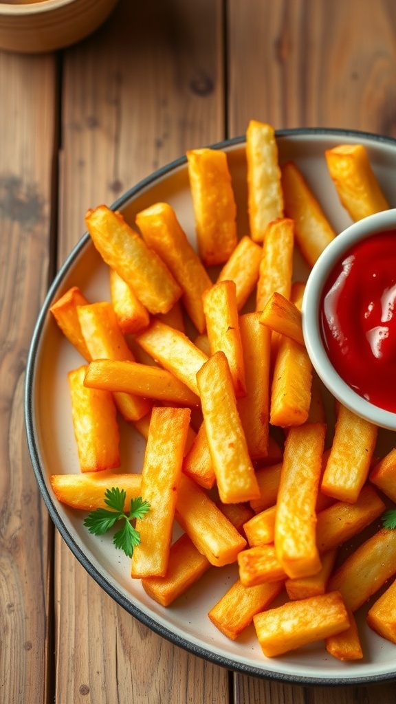 Crispy air fryer French fries on a plate with ketchup and parsley garnish.